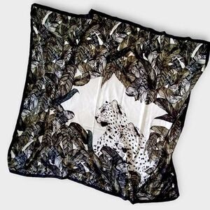 Saks Fifth Ave Scarf Leopard Black White Green Large 62"x 58" Silk